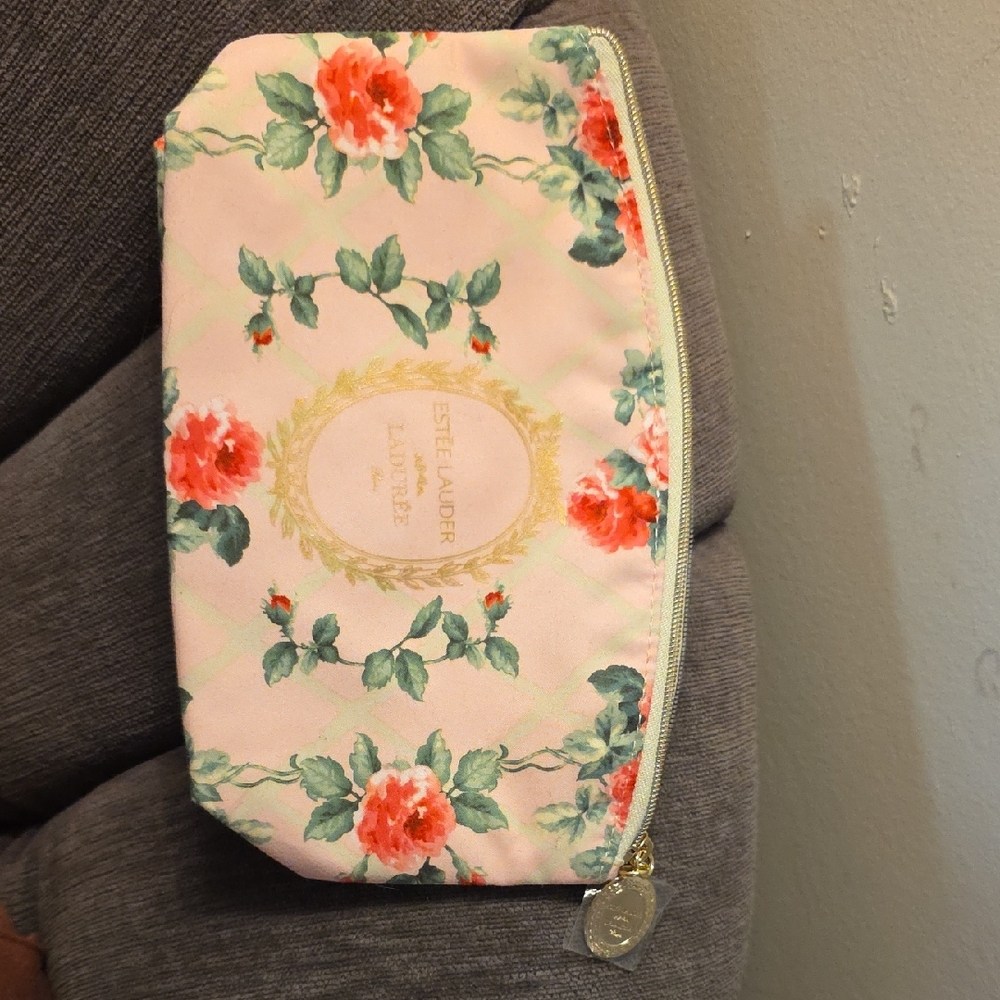 Estee Lauder Pink Floral Zip Cosmetic Case with Gold Logo